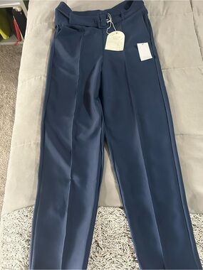 High-Waisted Navy Belted Trousers for Women